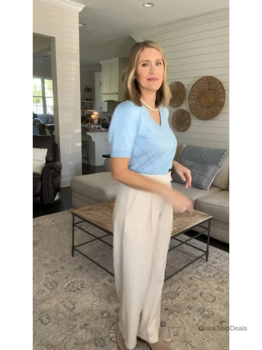 Puff Short Sleeve Lightweight Knit V-Neck Sweater Blouse Business Casual